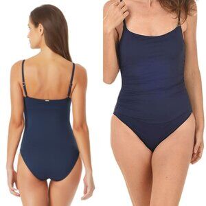 Anne Cole Side Shirring Tummy Control One Piece Swimsuit Size 12 Navy Beach Wear